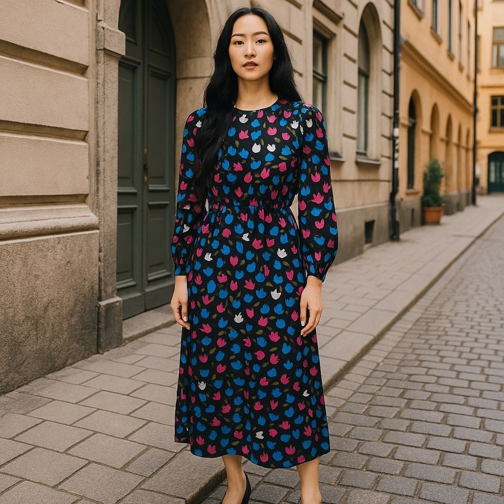 J. Crew Blue Floral A-Line Dress with Ruffle Sleeves Size 12